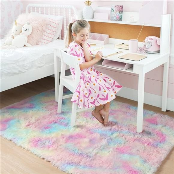 Rainbow Fluffy 4x6 Rug Girls Bedroom Room Decor, Shag Carpet for Nursery, - Picture 5 of 6